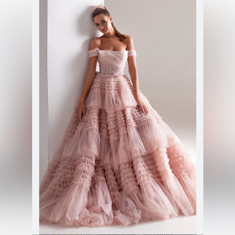 Misty Rose Off-The-Shoulder Frill-Layered Gown, 
NEW never worn